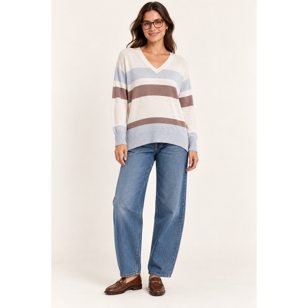 LOFT Womens V-Neck Striped Oversized Pullover Sweater Beige Blue Brown Small